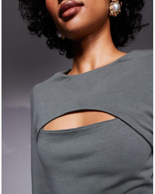 ASOS Gray Long Sleeve Bodysuit With Slash Cut Out