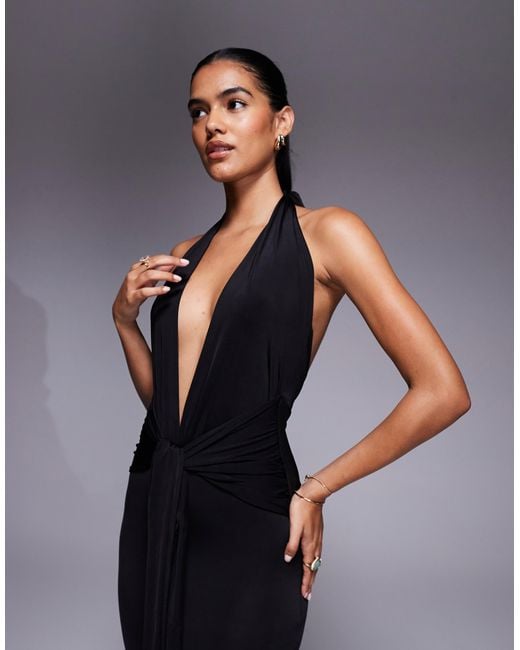 I.AM.GIA Blue Ziva Halterneck Plunge Low Back Tie Waist Maxi Dress