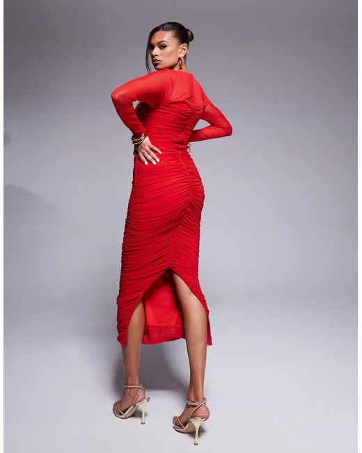 Taideux Red Fuller Bust Genevieve Ruched Mesh Corset Midaxi Dress