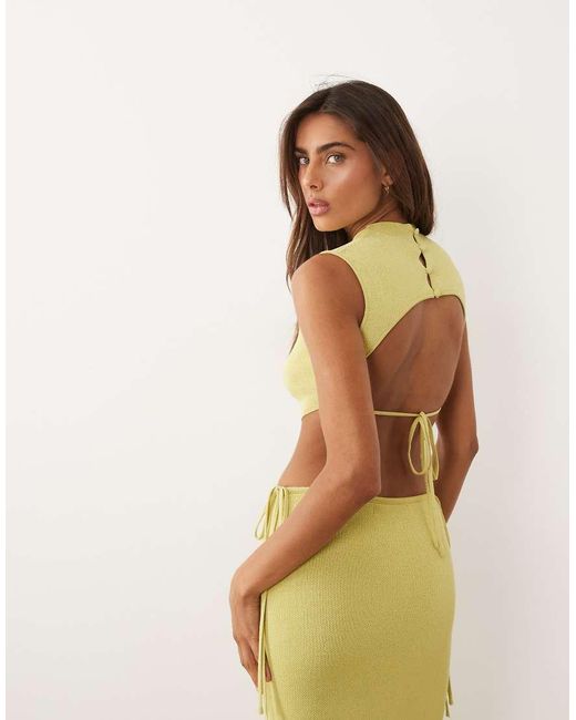 Wanderdoll Green Exclusive Sienna Fine Knit High Neck Open Button Back Detail Crop Top