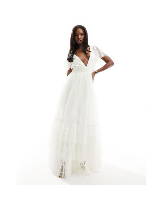 LACE & BEADS White Bridal Madison V Neck Tulle Maxi Dress