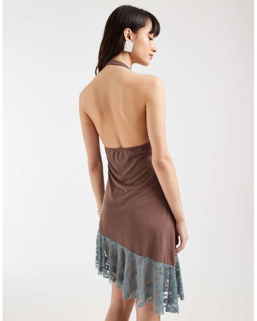 Motel White Sanaya Lace Paneled Aysmetric Halter Dress