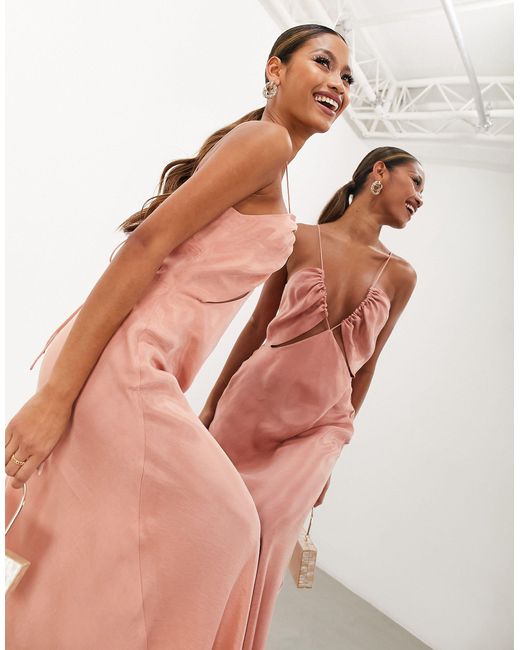 ASOS Drawstring Cami Maxi Dress With Underbust Cut Out in Pink | Lyst