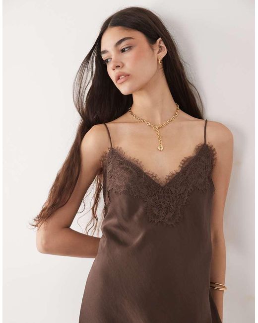 Abercrombie & Fitch Brown Satin Lace Trim Strappy Mini Dress