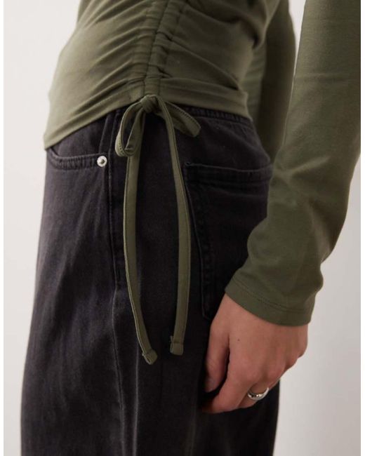 ASOS Green Ruched Tie Side Detailing High Neck Long Sleeve Top