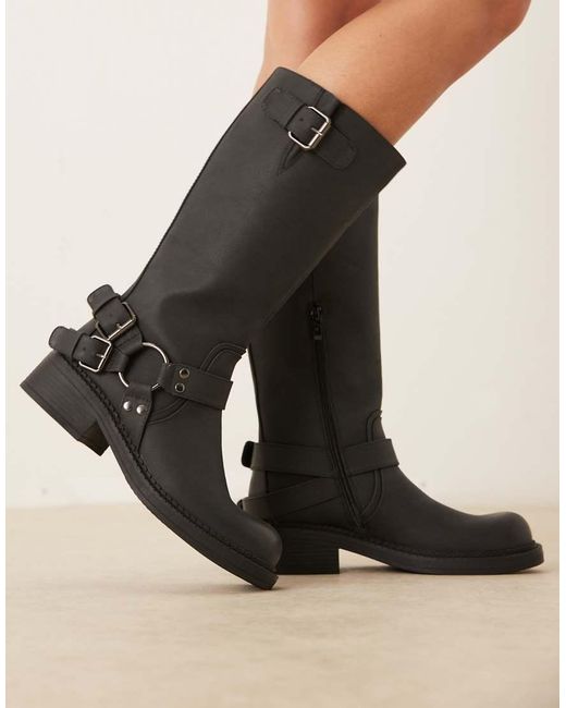 Glamorous Black Harness Biker Knee Boots