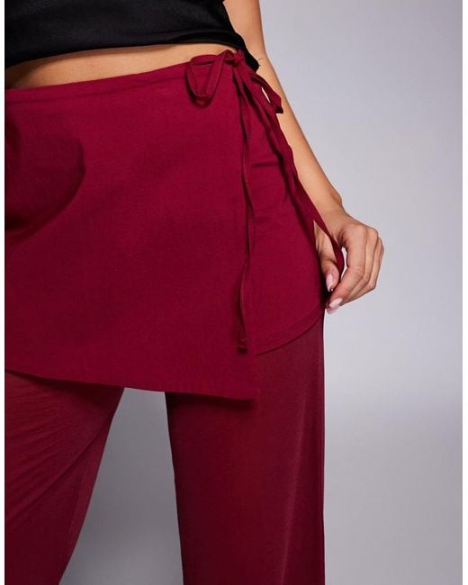 ASOS Red Mixed Fabric Mesh Trouser With Tie Side Skirt Overlay