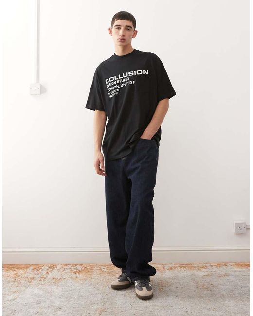 Collusion Black T-shirt With Print And Pocket for men