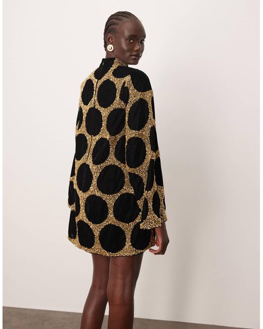 ARRANGE Embellished Spot High Neck Long Sleeve Mini Dress in Natural | Lyst