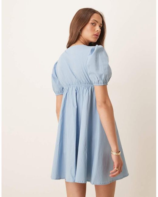 esmé studios Blue Esmee Exclusive Tie Front Puff Sleeve Mini Beah Dress