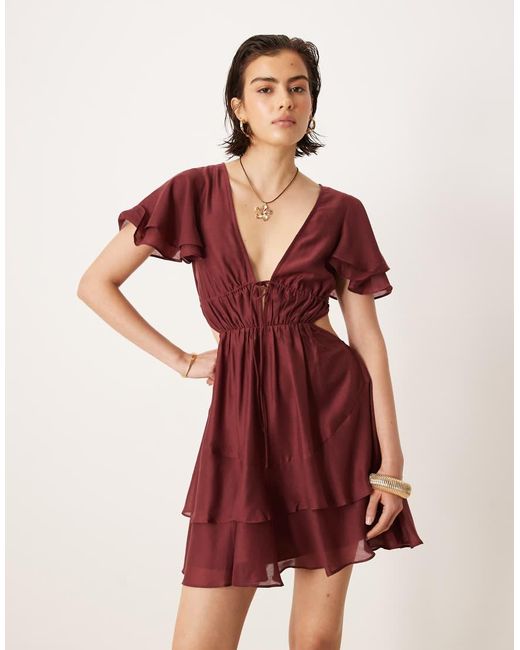 ASOS Red V Neck Angel Sleeve Cut Out Mini Dress