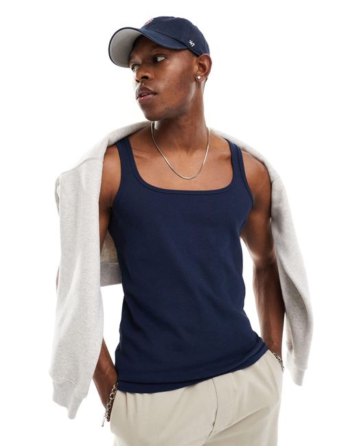 ASOS Blue Muscle Rib Singlet With Square Neck for men