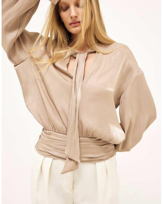 NA-KD Natural Ruched Waist Ruffle Blouse
