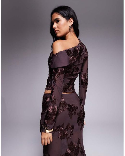 Kaiia Purple Exclusive Textured Floral Asymmetric Fallen Shoulder Long Sleeve Top Co-Ord