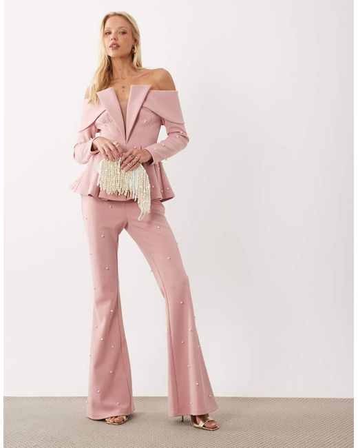 ASOS Pink Pearl Embellished Off Shoulder Blazer Top