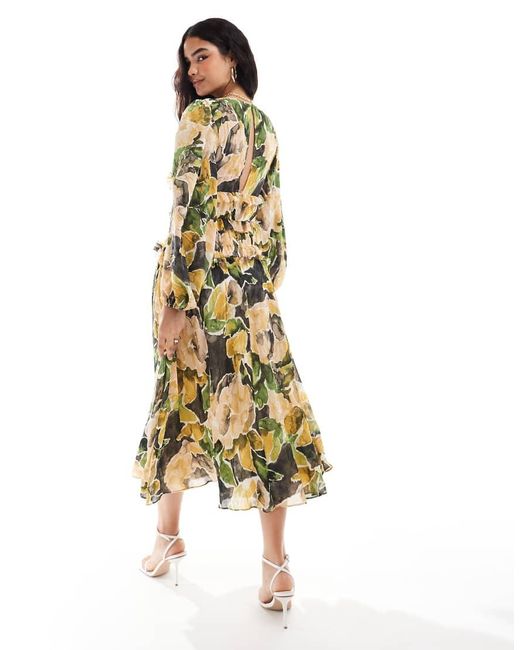 ASOS Midi-Jurk Met Diepuitgesneden Hals En Ruches in het Metallic