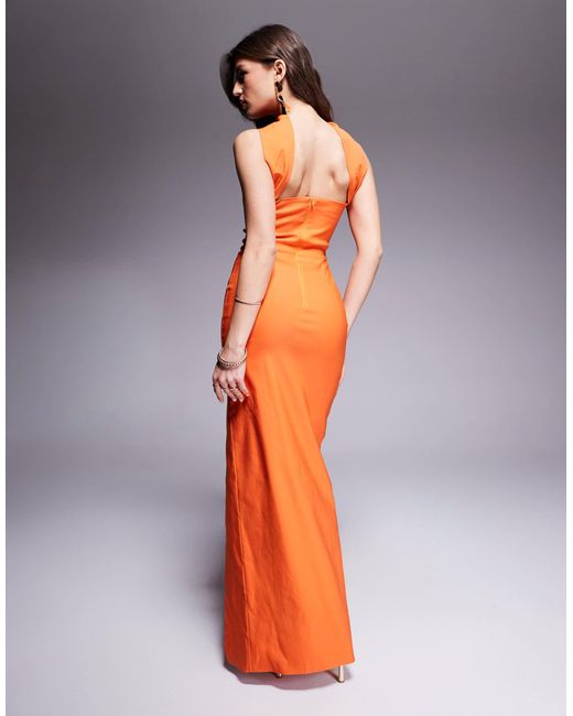 Vesper Orange Bengaline Choker Neck Detail Bandeau Side Split Maxi Dress