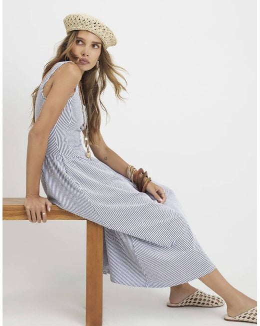 River Island Blue Cotton Blend Textured Stripe Midi Dress