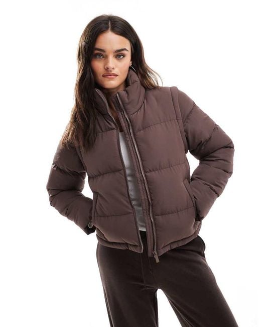 Threadbare Brown Short Zip Up Puffer Jacket With Detachable Sleeves