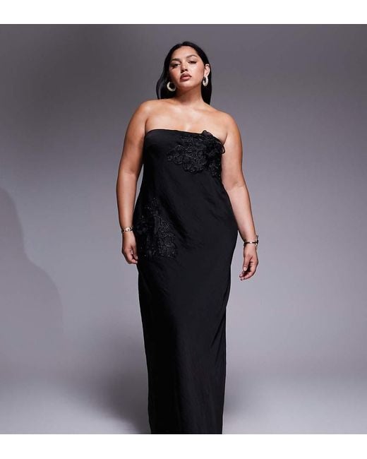 ASOS Black Asos Design Curve Bandeau Flower Applique Midaxi Dress