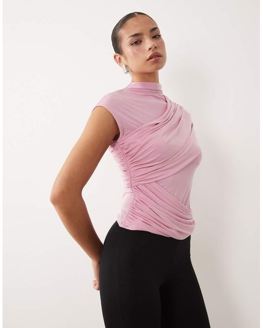 ASOS Pink Slinky Ruched Drape Detail Top
