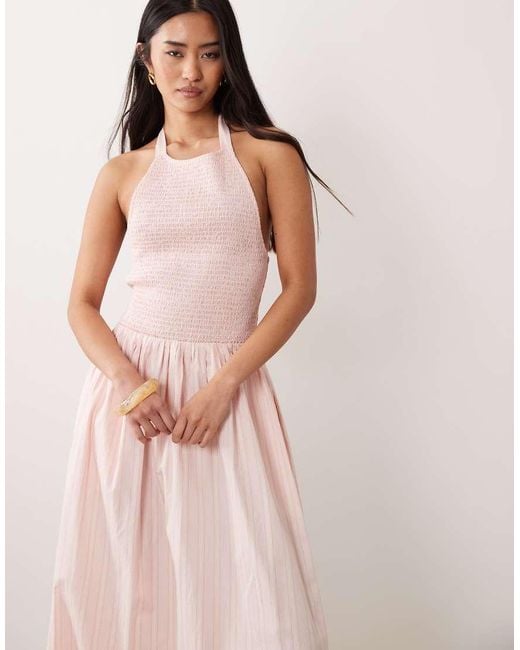 Miss Selfridge Pink Shirred Halter Poplin Maxi Dress