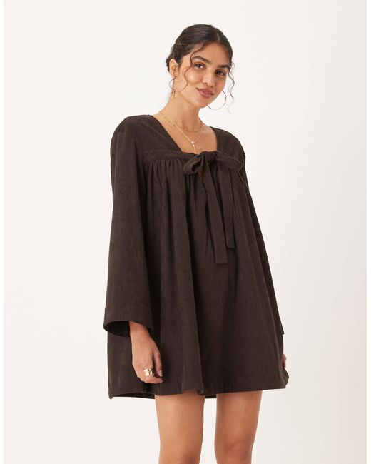 ASOS White Corduroy Tie Front Mini Smock Dress