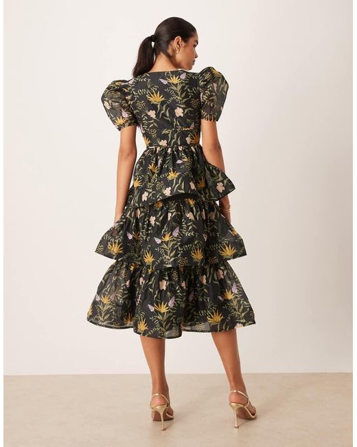 True Decadence Natural Plunge Neck Tiered Midi Dress