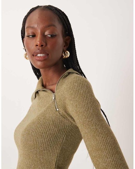 ASOS Green Supersoft Brushed Rib Long Sleeve Top With Zip Detail