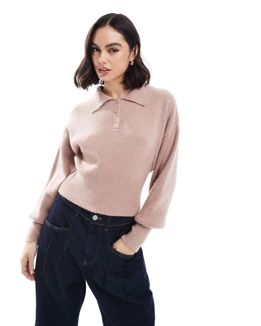 ASOS Blue Knitted Polo Collar Jumper With Structured Waist Detail