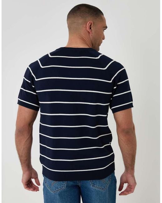 Threadbare Blue Textured Stripe Knitted T-Shirt for men
