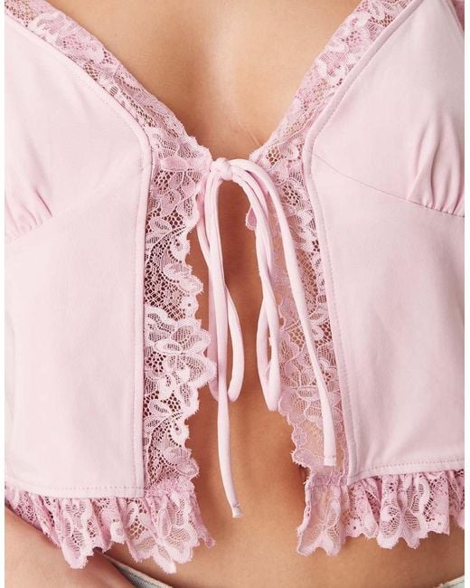 ASOS Red Slinky Lace Trim Tie Front Top