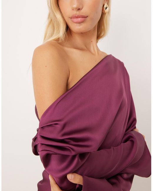 ASOS Pink Satin Drape Long Sleeve Off Shoulder Mini Dress