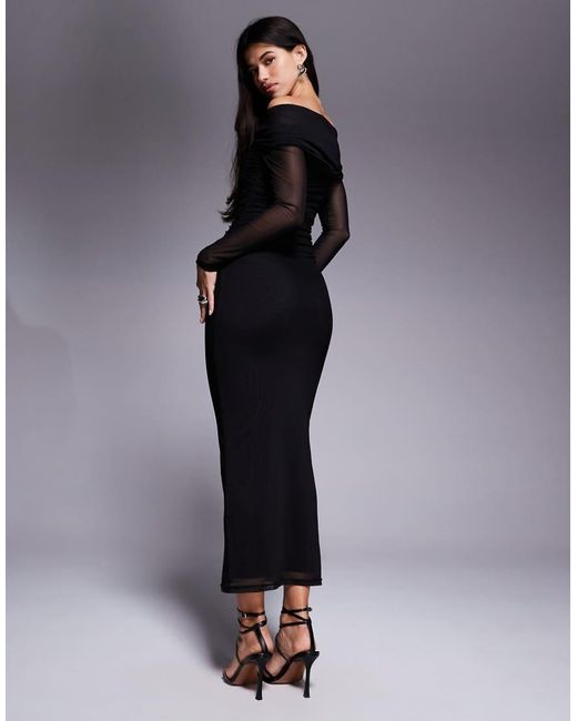 Aria Cove Blue Mesh Twist Front Bardot Long Sleeve Maxi Dress