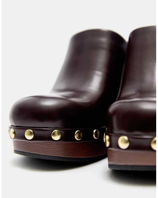 Pull&Bear Brown Studded Block Heel Clogs