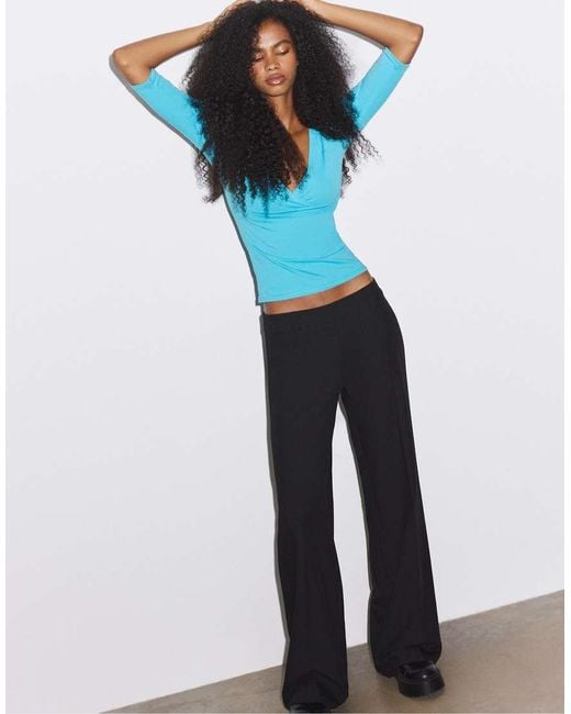 Stradivarius Blue Low-Rise Straight Smart Trousers