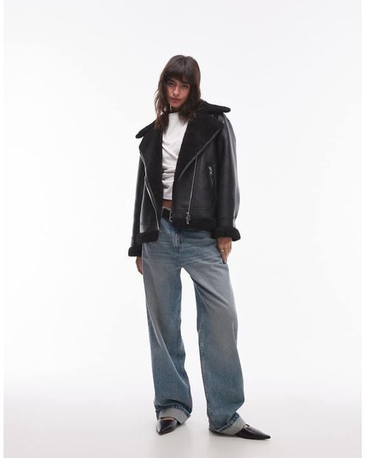 Mango Blue Oversized Shearling Aviator Jacket