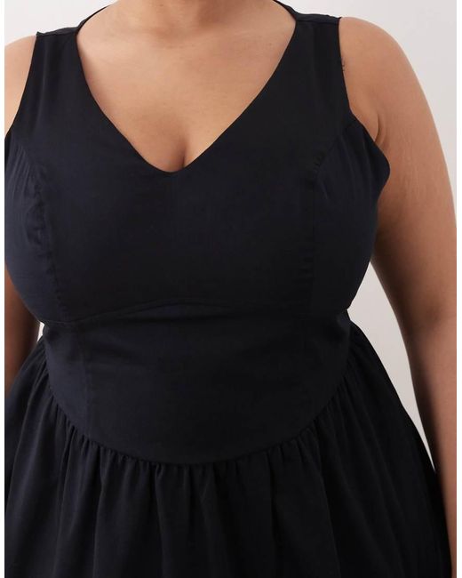 ASOS Black Asos Design Curve Waisted V Neck Mini Sundress With Seaming Details