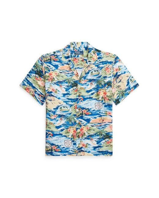 Polo Ralph Lauren Blue Short Sleeve Revere Collar Surf Scenic Print Rayon Shirt Classic Fit for men