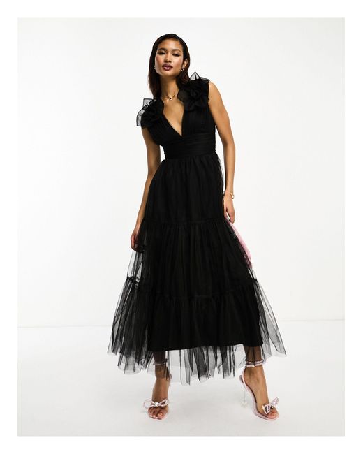 LACE & BEADS Black Rose Shoulder Tiered Maxi Dress