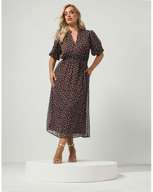 Yours Clothing Brown Polka Dot Puff Sleeve Dress