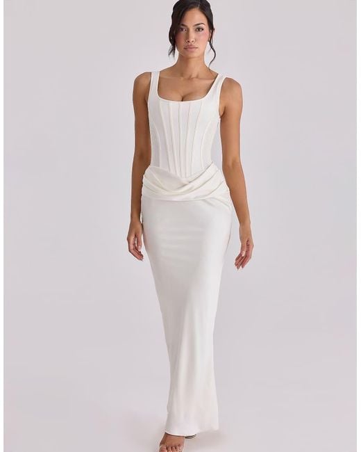 House Of Cb White Kira Ivory Satin Gathered Maxi Dress