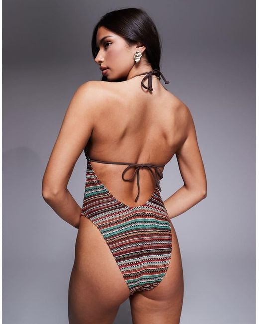 ASOS Gray River Crochet Plunge Swimsuit With Bead Detail