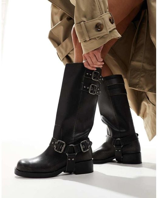 Stradivarius Gray Buckle Biker Boot