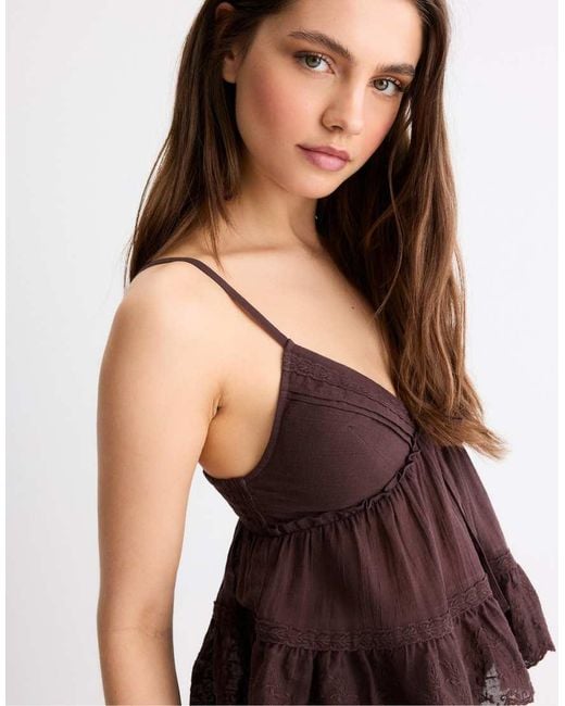Stradivarius Brown Embroidered Flowing Strappy Top