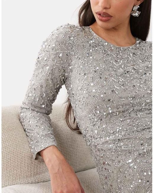 Beauut Gray Maisa Embellished Long Sleeve Maxi Dress