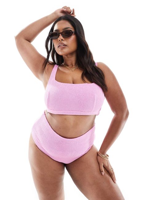 ASOS Pink Asos Design Curve Charlene Textured High Leg High Waist Bikini Bottom