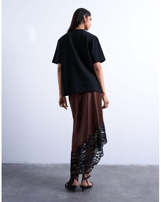 TOPSHOP Brown Satin Asymmetric Lace Hem Maxi Skirt