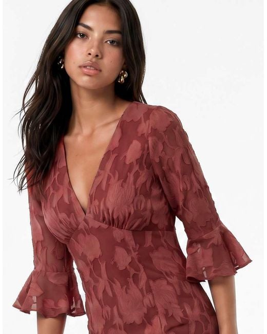 ANAYA Red 3/4 Fluted Sleeves Maxi Dress