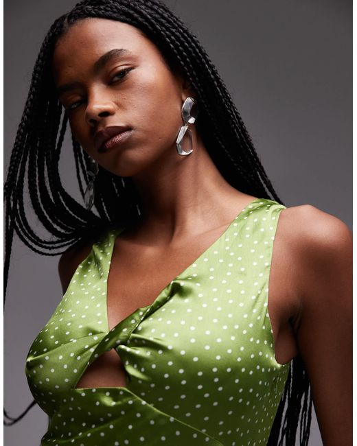 Robe à pois mi-longue avec détail torsadé à l'avant - olive TOPSHOP en coloris Green